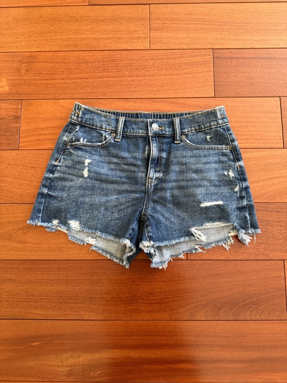 Aerie High-Rise Distressed Denim Shorts - Blue